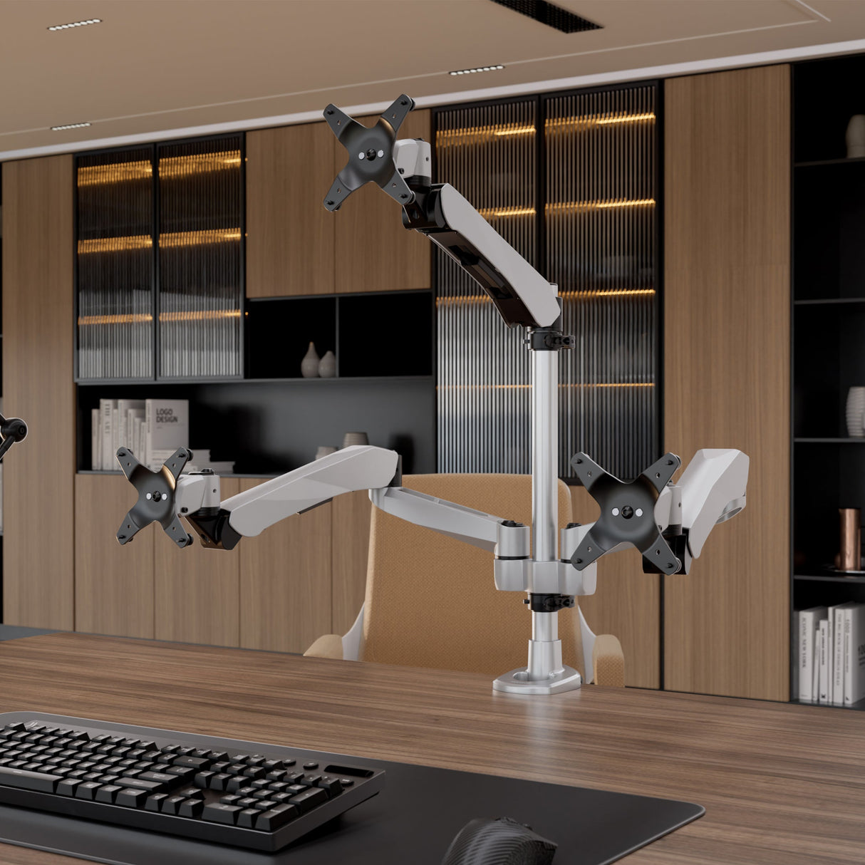 Full Motion Triple Pyramid Monitor Desk Mount with Gas Spring Arms Silver Monitor Mount - Full Motion Triple Pyramid Monitor Desk Mount with Gas Spring Arms - Mount-It! - MI-55116