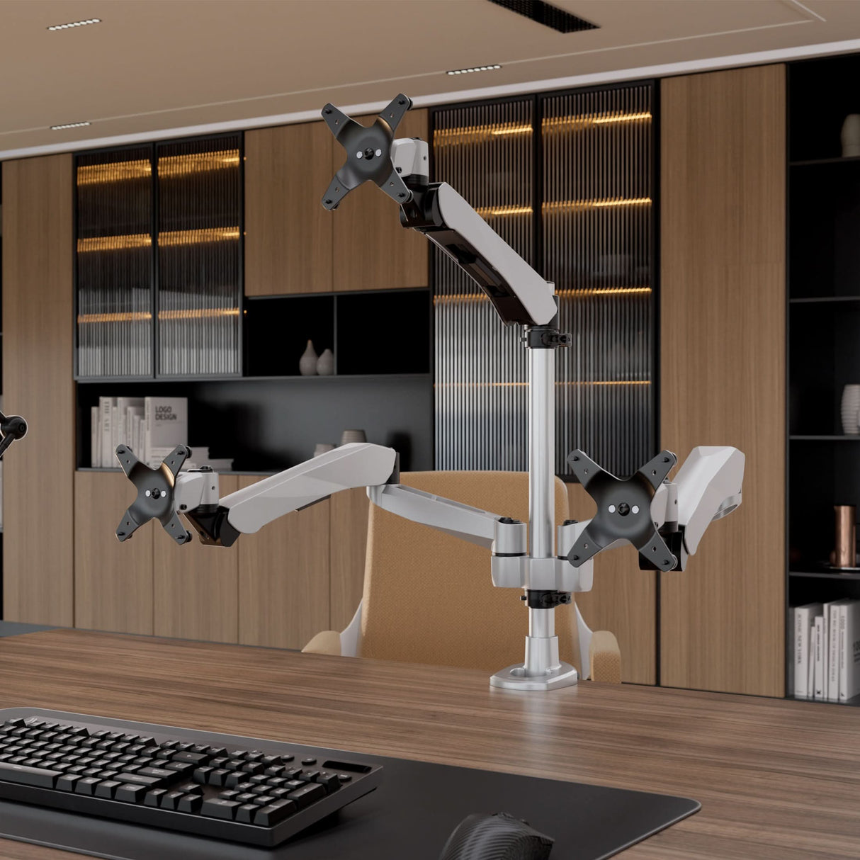 Silver Monitor Mount - Full Motion Triple Pyramid Monitor Desk Mount with Gas Spring Arms - Mount-It! - MI-55116