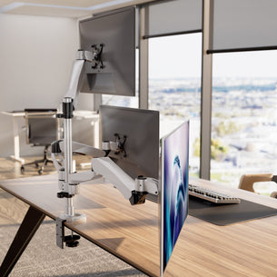 Silver Monitor Mount - Full Motion Triple Pyramid Monitor Desk Mount with Gas Spring Arms - Mount-It! - MI-55116 Silver Monitor Mount - Full Motion Triple Pyramid Monitor Desk Mount with Gas Spring Arms - Mount-It! - MI-55116