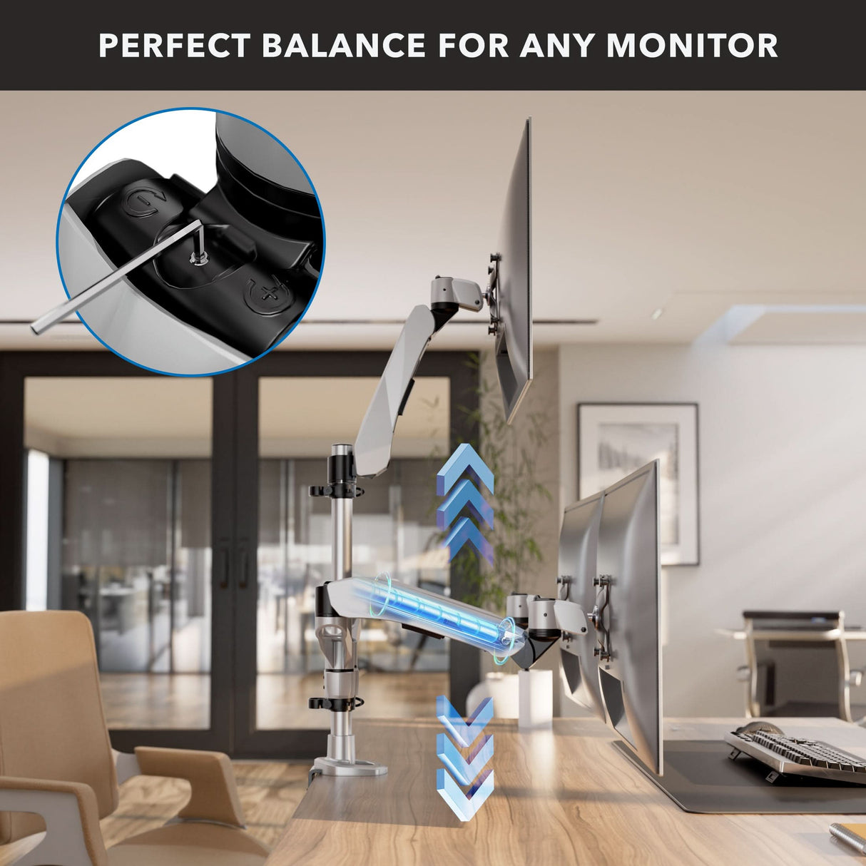 Silver Monitor Mount - Full Motion Triple Pyramid Monitor Desk Mount with Gas Spring Arms - Mount-It! - MI-55116