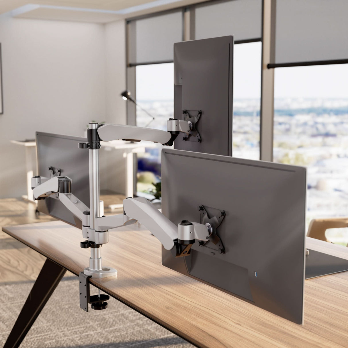 Silver Monitor Mount - Full Motion Triple Pyramid Monitor Desk Mount with Gas Spring Arms - Mount-It! - MI-55116