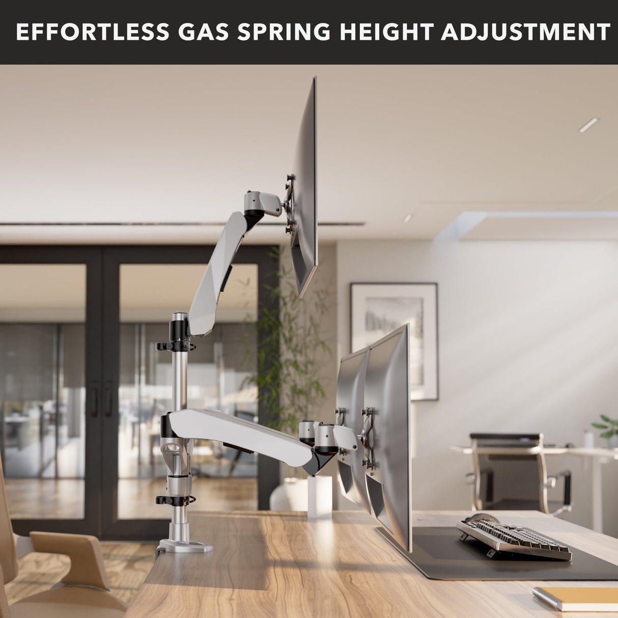 Full Motion Triple Pyramid Monitor Desk Mount with Gas Spring Arms Silver Monitor Mount - Full Motion Triple Pyramid Monitor Desk Mount with Gas Spring Arms - Mount-It! - MI-55116