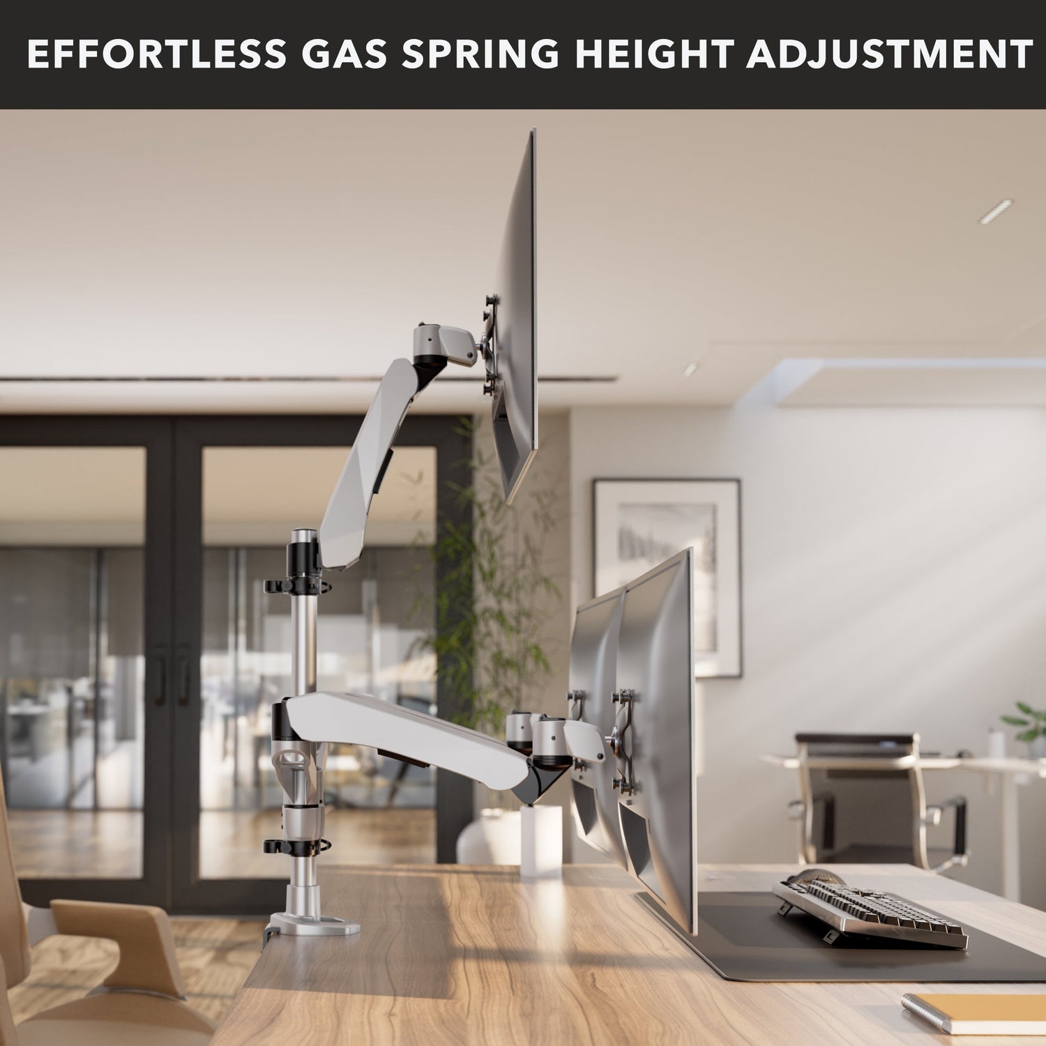 Silver Monitor Mount - Full Motion Triple Pyramid Monitor Desk Mount with Gas Spring Arms - Mount-It! - MI-55116