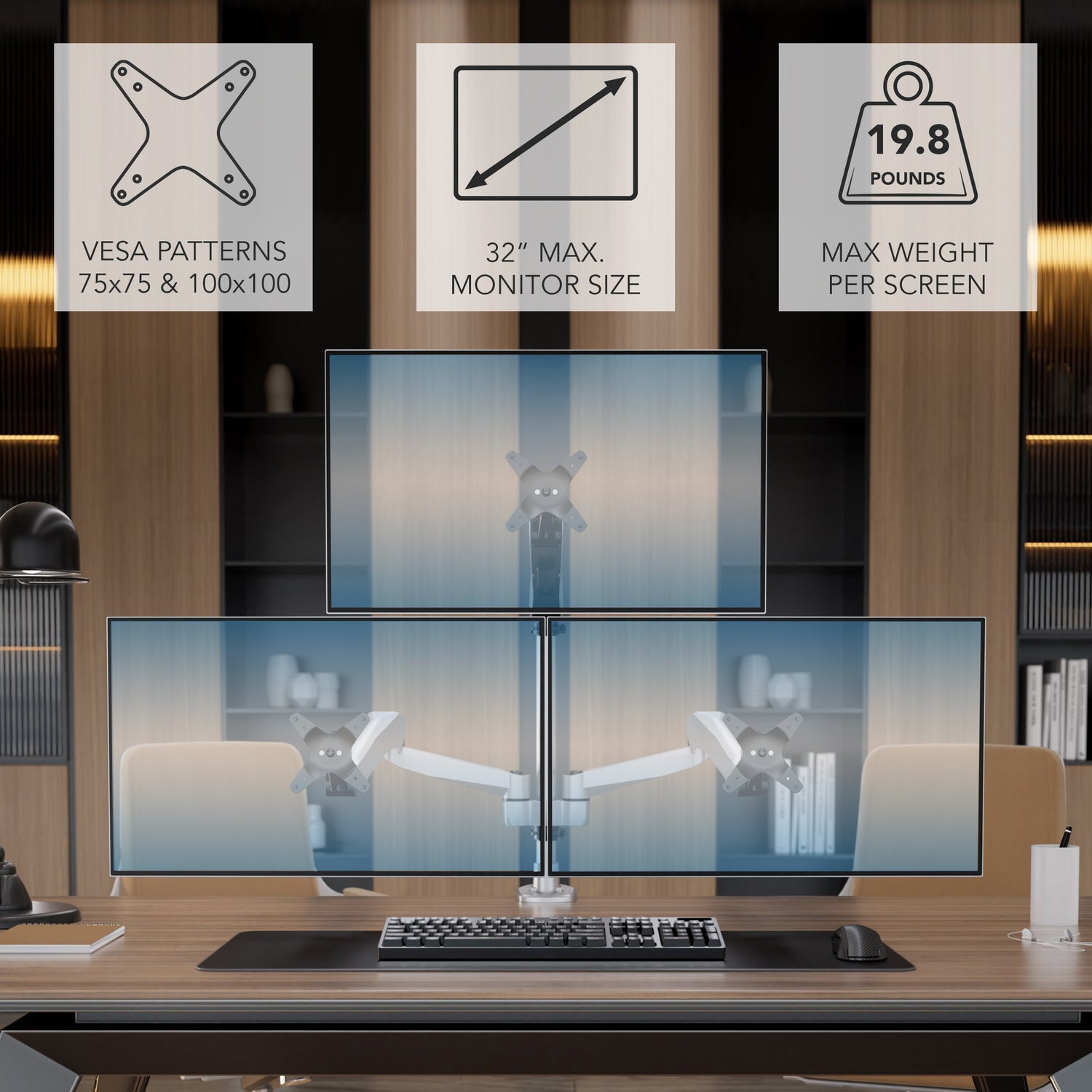 Silver Monitor Mount - Full Motion Triple Pyramid Monitor Desk Mount with Gas Spring Arms - Mount-It! - MI-55116