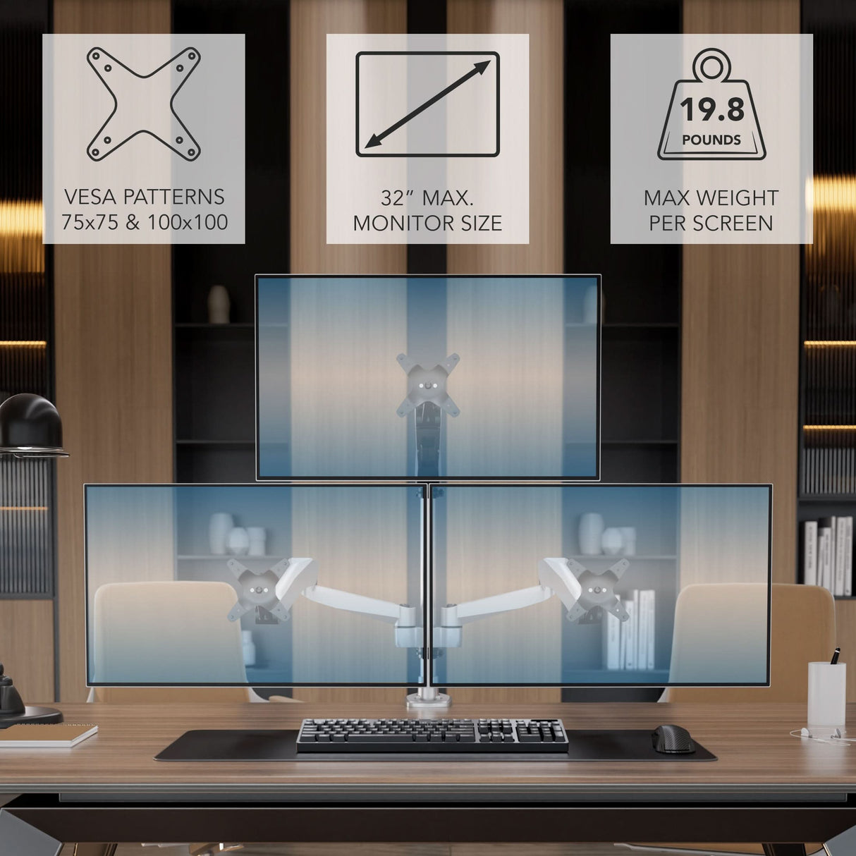 Silver Monitor Mount - Full Motion Triple Pyramid Monitor Desk Mount with Gas Spring Arms - Mount-It! - MI-55116