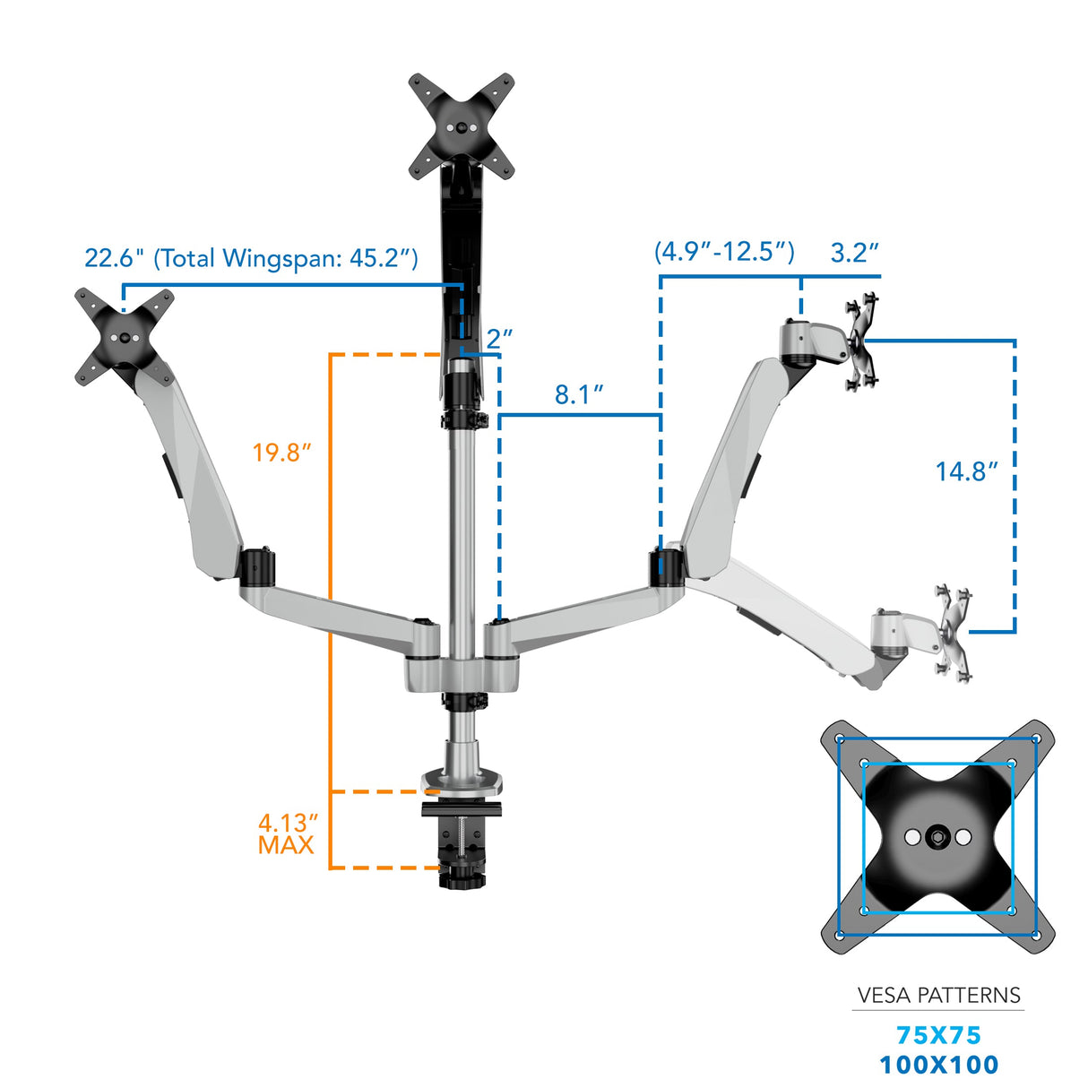 Full Motion Triple Pyramid Monitor Desk Mount with Gas Spring Arms Silver Monitor Mount - Full Motion Triple Pyramid Monitor Desk Mount with Gas Spring Arms - Mount-It! - MI-55116