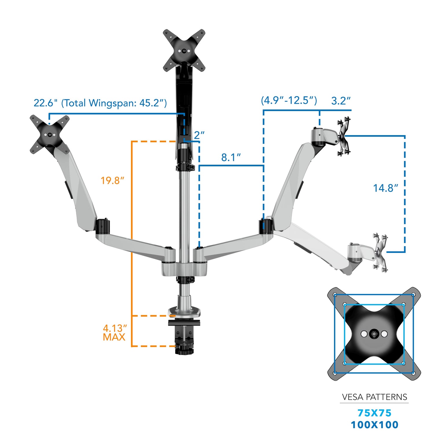 Silver Monitor Mount - Full Motion Triple Pyramid Monitor Desk Mount with Gas Spring Arms - Mount-It! - MI-55116