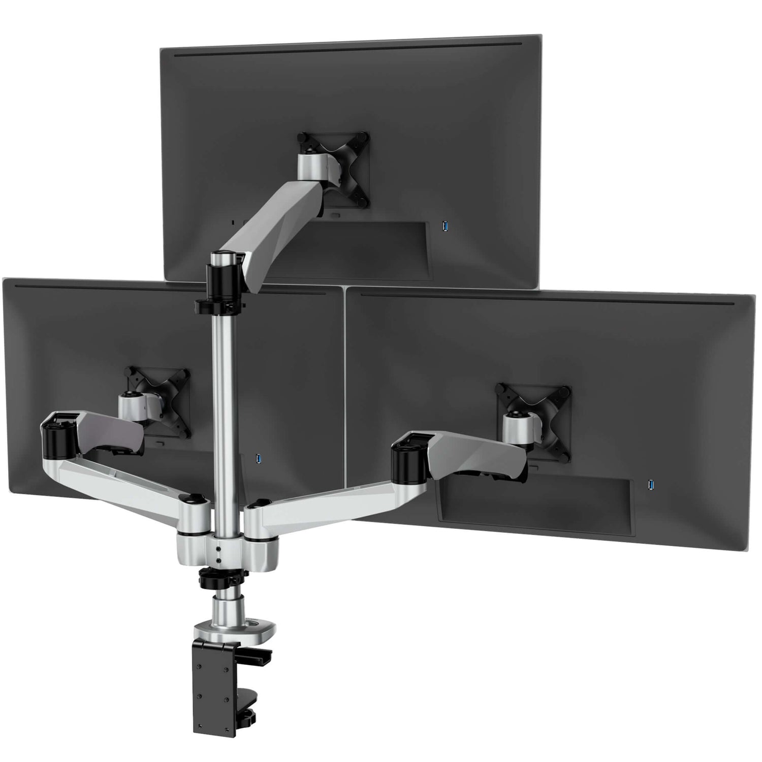 Silver Monitor Mount - Full Motion Triple Pyramid Monitor Desk Mount with Gas Spring Arms - Mount-It! - MI-55116