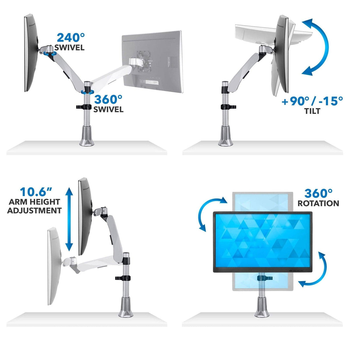 Height Adjustable Single Monitor Desk Mount Silver Monitor Mount - Height Adjustable Single Monitor Desk Mount - Mount-It! - MI-34111