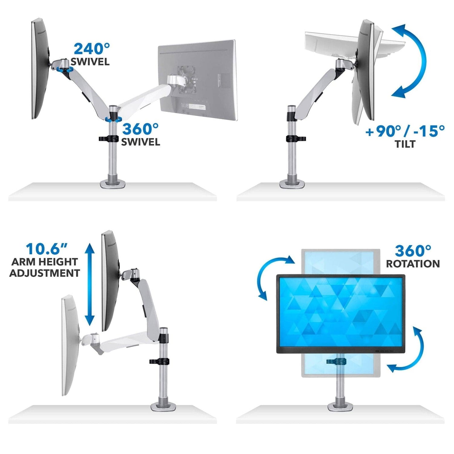 Silver Monitor Mount - Premium Single Monitor Desk Mount - Mount-It! - MI-34116