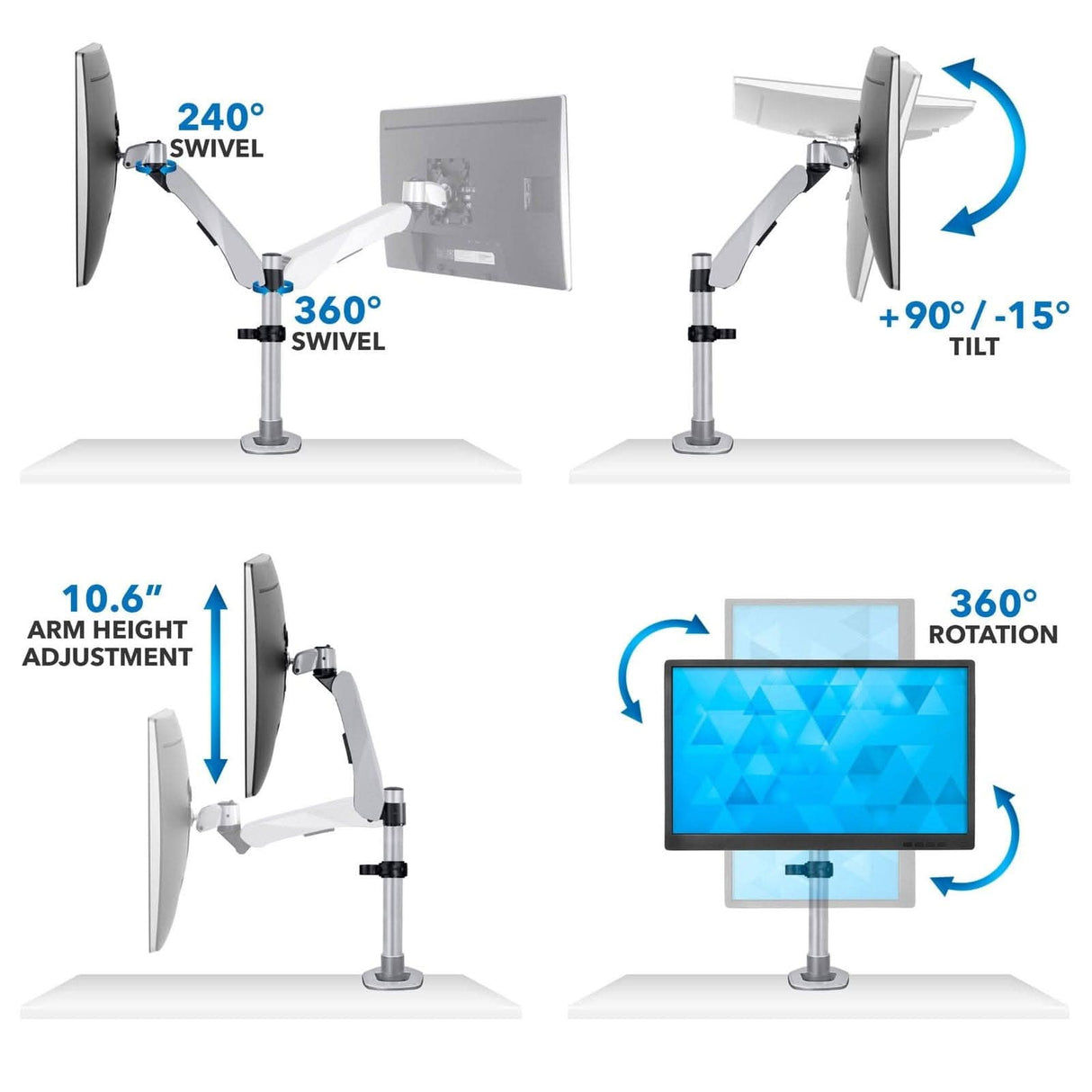 Silver Monitor Mount - Premium Single Monitor Desk Mount - Mount-It! - MI-34116