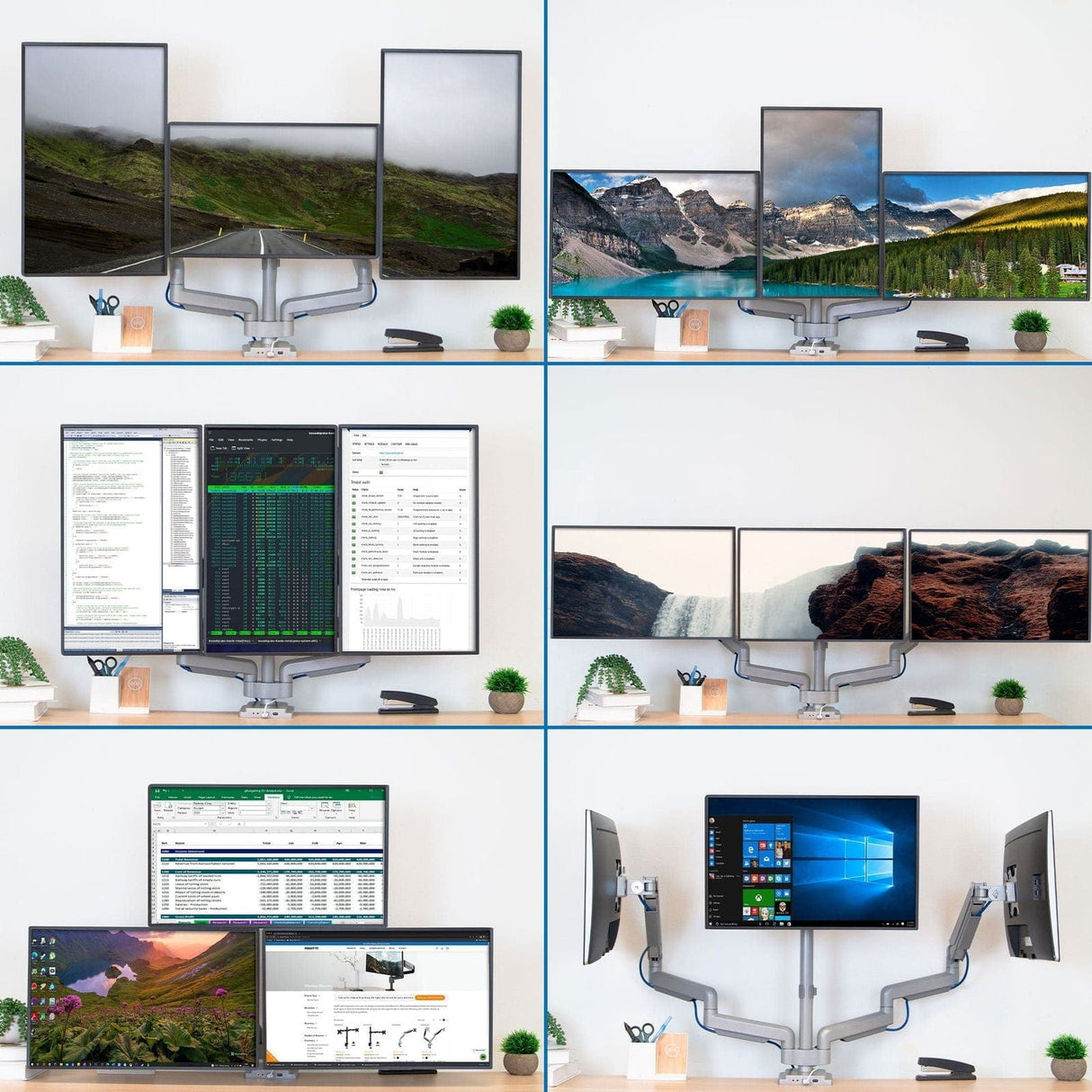 Triple Monitor Desk Mount w/ USB, USB-C & Audio Ports Silver Monitor Mount - Triple Monitor Desk Mount w/ USB, USB-C & Audio Ports - Mount-It! - MI-2753