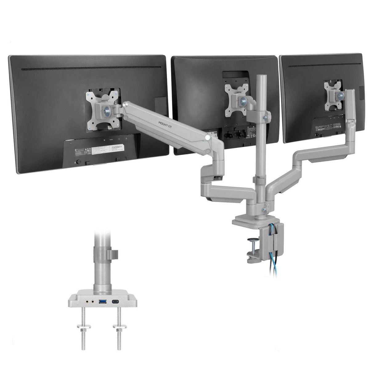 Triple Monitor Desk Mount w/ USB, USB-C & Audio Ports Silver Monitor Mount - Triple Monitor Desk Mount w/ USB, USB-C & Audio Ports - Mount-It! - MI-2753