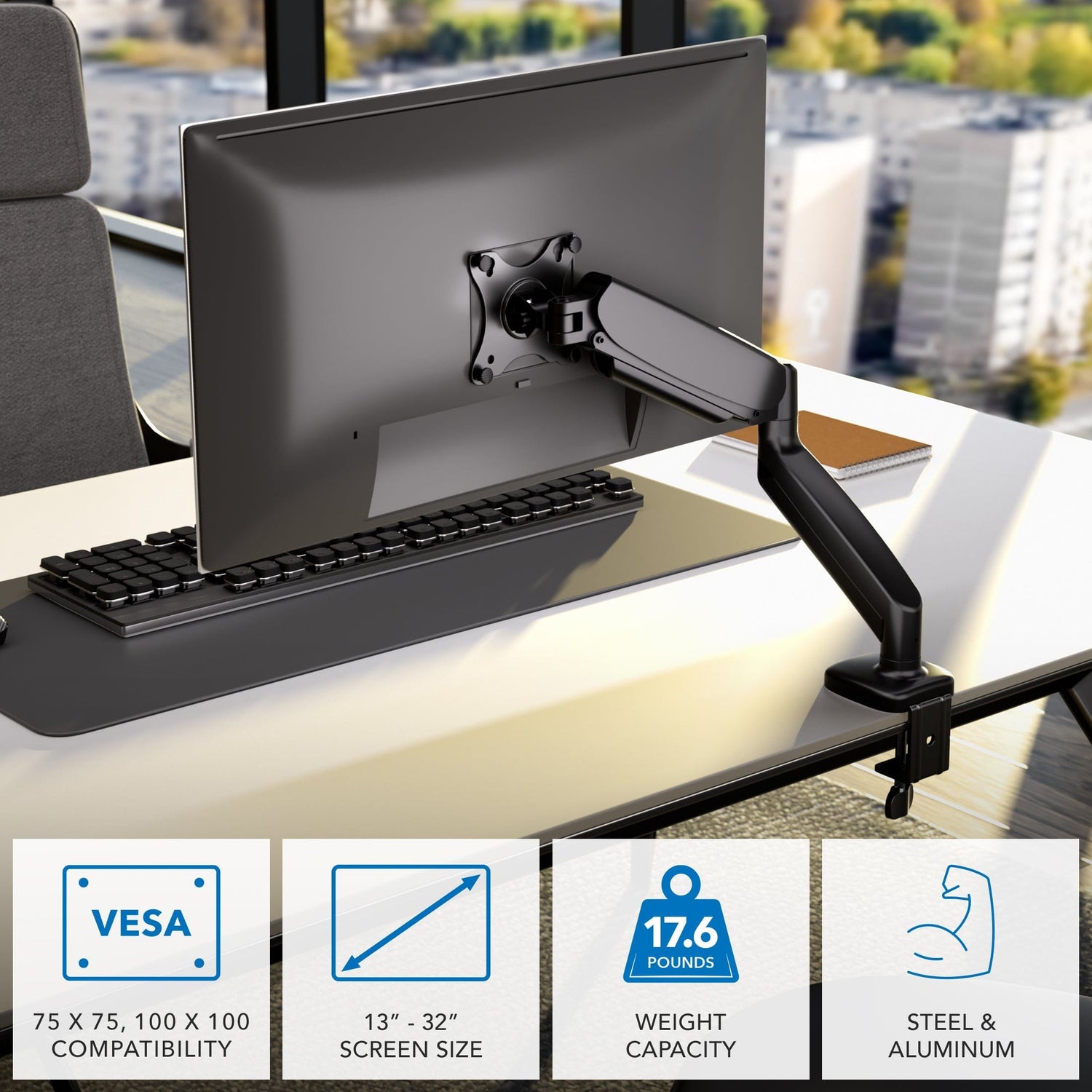 Monitor Mount - Single Monitor Desk Mount with Gas Spring Arm - Mount-It! - MI-1881BLK
