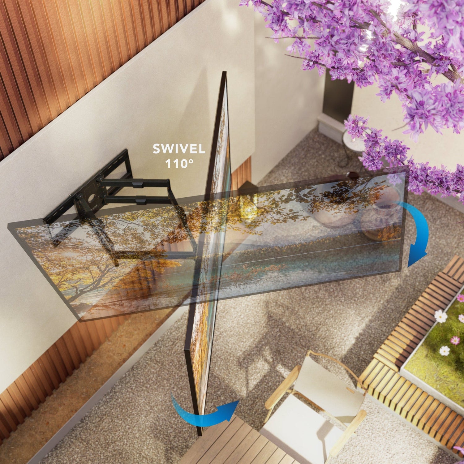 Full Motion Weatherproof TV Wall Mount The Beast - Top view showing 110 degree swivel