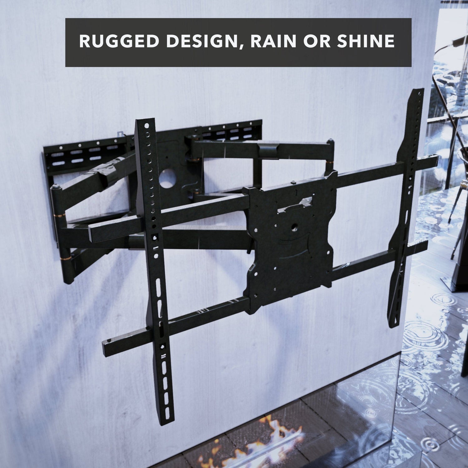 Full Motion Weatherproof TV Wall Mount The Beast - in rain showing weatherproof coating