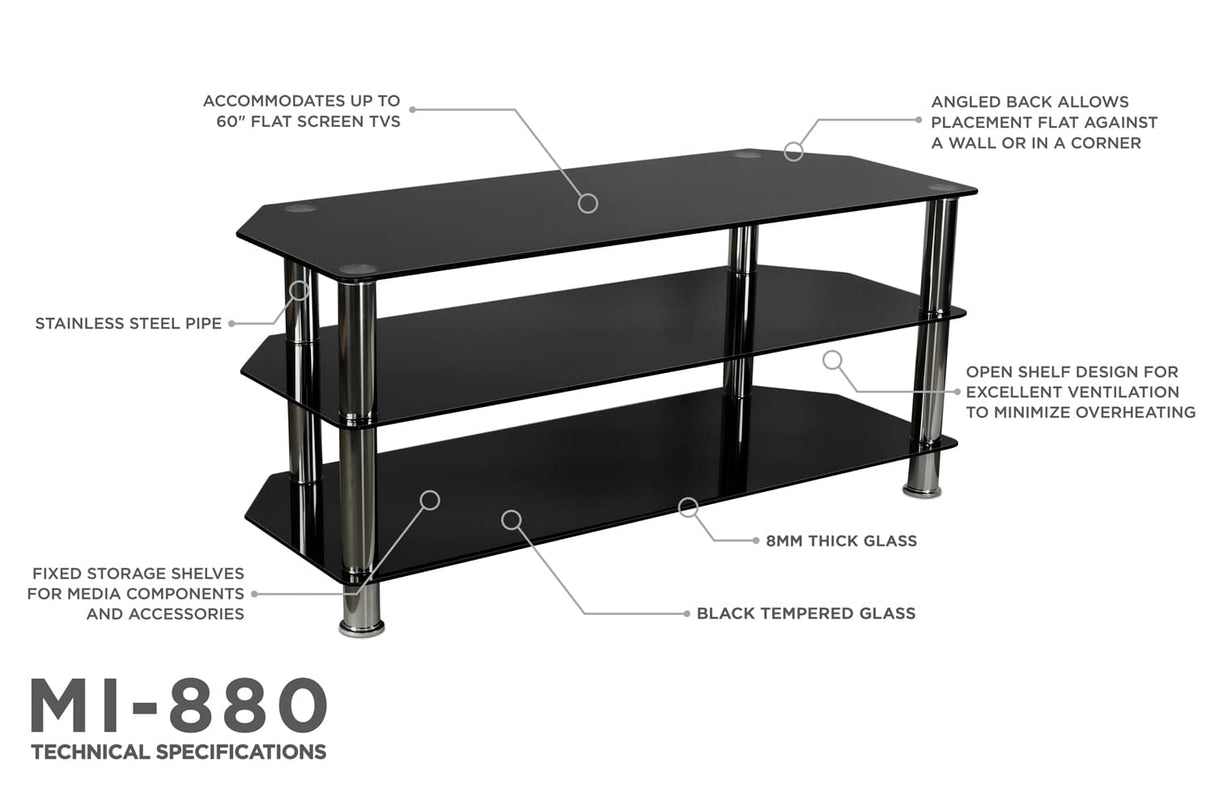 Three Tempered Glass Shelf TV Stand TV Stand - Three Tempered Glass Shelf TV Stand - Mount-It! - MI-880