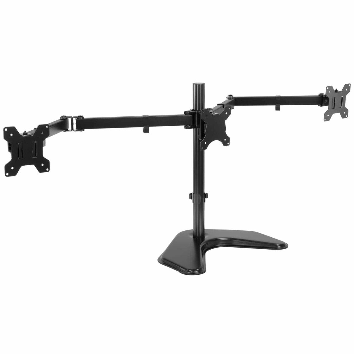 The Mount-It! Triple Monitor Stand is a black freestanding stand with adjustable arms and a V-shaped base, designed for ergonomic installation of three monitors. The empty stand is displayed against a white background.
