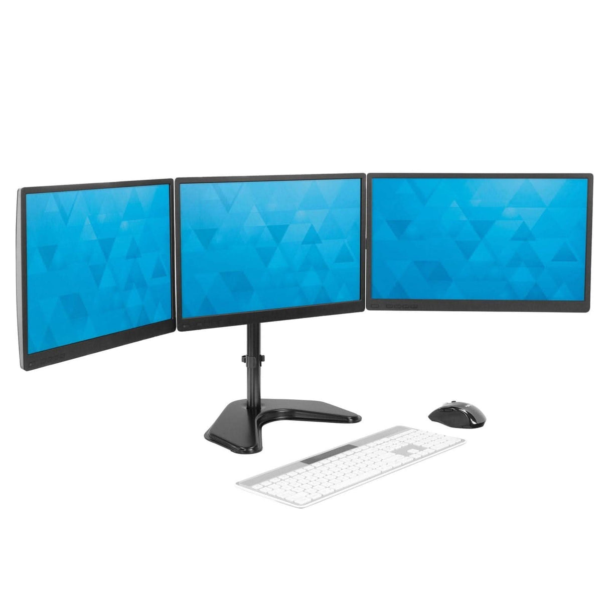 The Mount-It! Triple Monitor Stand displays three screens side by side above a white keyboard and black mouse on a plain white background, with each monitor showing a blue geometric pattern.