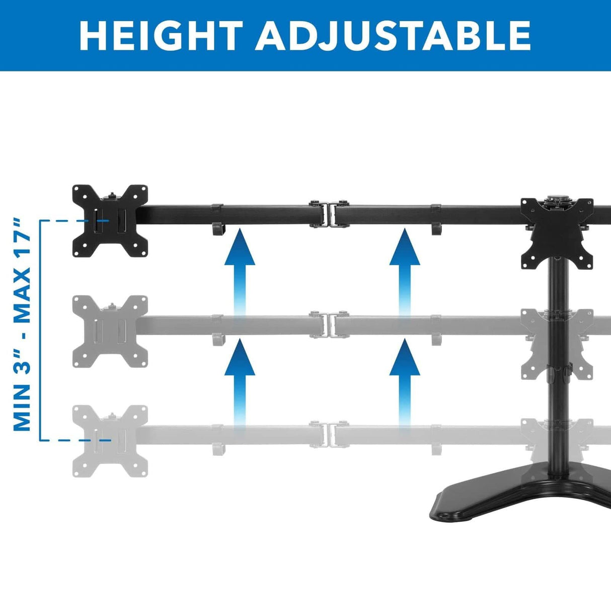 Diagram displaying the Mount-It! Triple Monitor Stand, a black freestanding stand with adjustable height from 3 to 17 inches, highlighted by blue arrows and text on a white and blue background for ergonomic monitor installation.