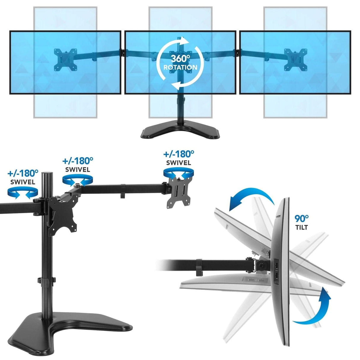 The Mount-It! Triple Monitor Stand supports three screens with 360° rotation, 180° swivel, and 90° tilt adjustability, highlighted by blue arrows and labels—making it a perfect ergonomic solution for your workspace.