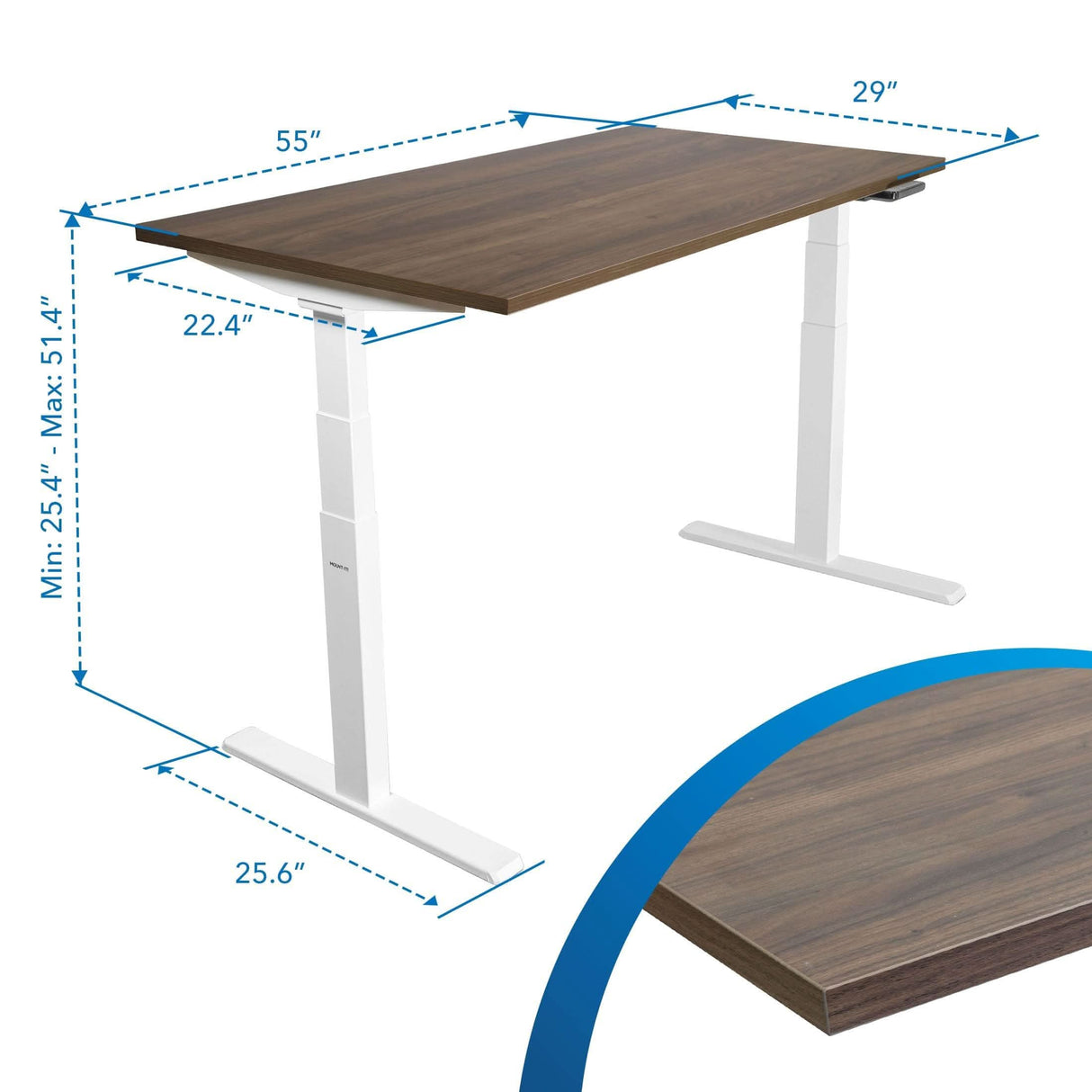 The Mount-It! Ultimate Dual Motor Electric Standing Desk features a 55" wood-finished tabletop, white frame, adjustable height from 25.4" to 51.4", 29" depth, and a 25.6" wide base. Inset shows tabletop close-up.
