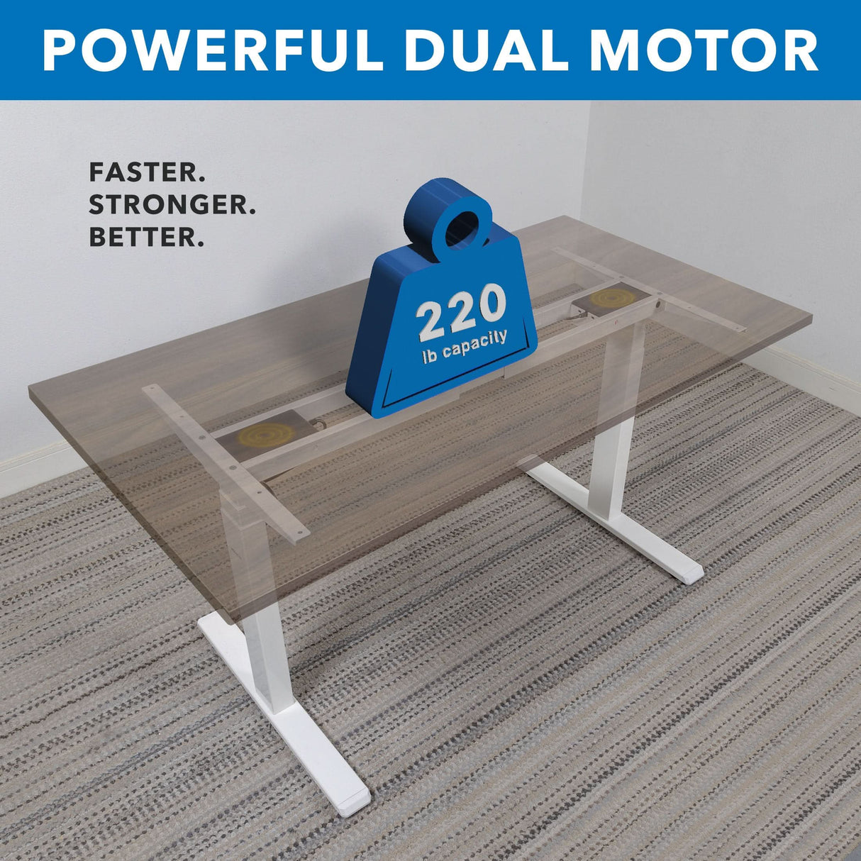 The Mount-It! Ultimate Dual Motor Electric Standing Desk with 55" Tabletop features a transparent top revealing its powerful dual motors and a blue 220 lb icon. Text above reads “POWERFUL DUAL MOTOR,” and “FASTER. STRONGER. BETTER.” highlights the desk’s strength.
