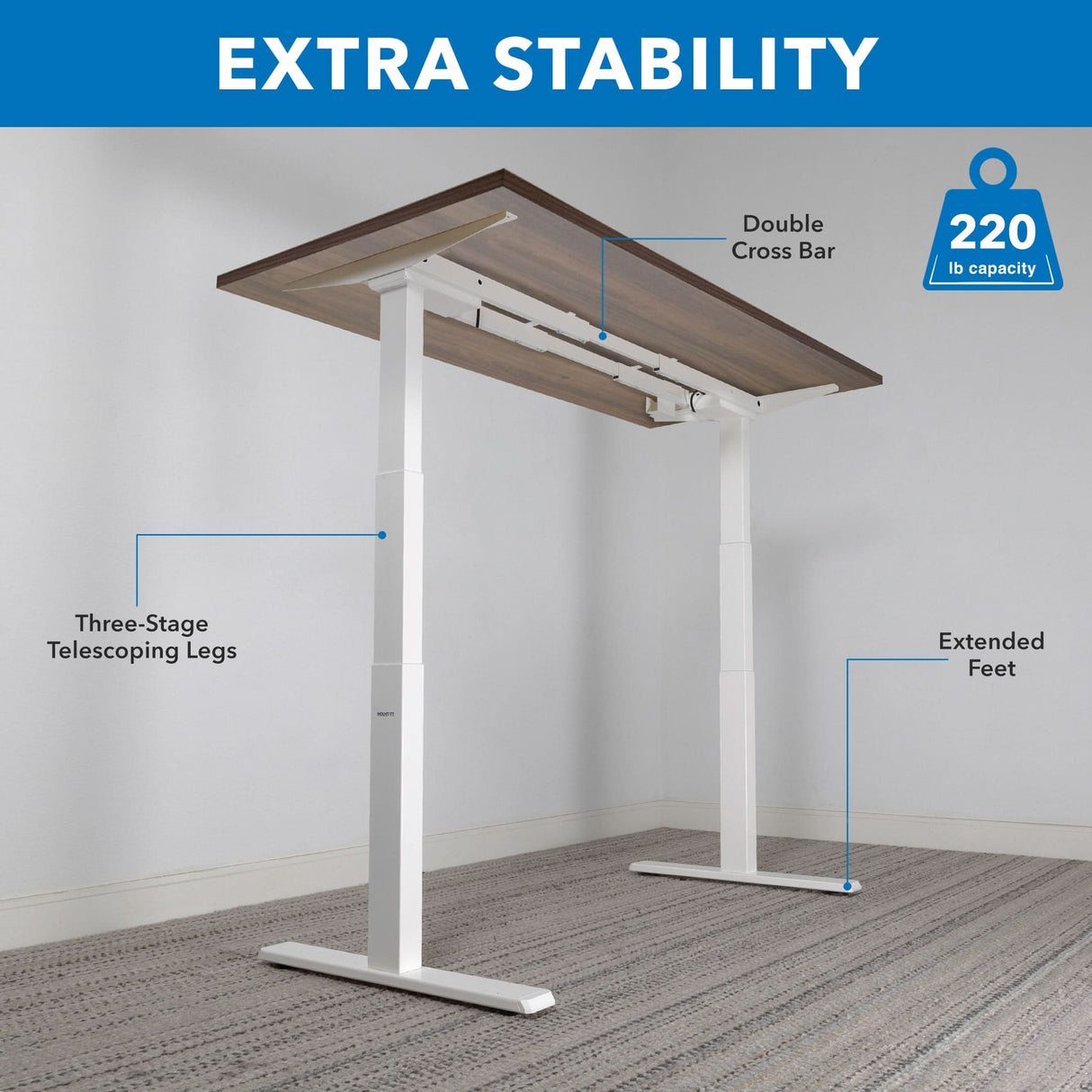 The Mount-It! Ultimate Dual Motor Electric Standing Desk with 55" tabletop is shown with a wood surface, white frame, Double Cross Bar, Three-Stage Telescoping Legs, Extended Feet, and 220 lb capacity. Header: EXTRA STABILITY.