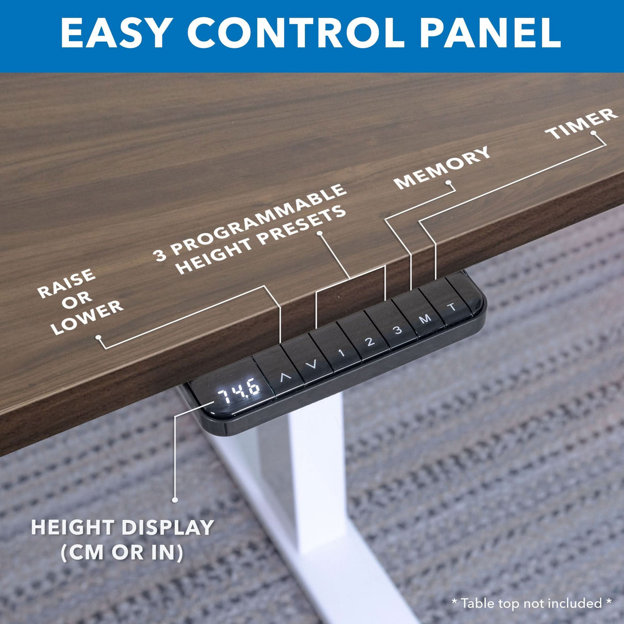 Close-up of the Mount-It! Ultimate Dual Motor Electric Standing Desk’s control panel with labeled buttons, three programmable presets, memory, timer, and a digital display at 74.6—ideal for ergonomic setups on its spacious 55" tabletop.