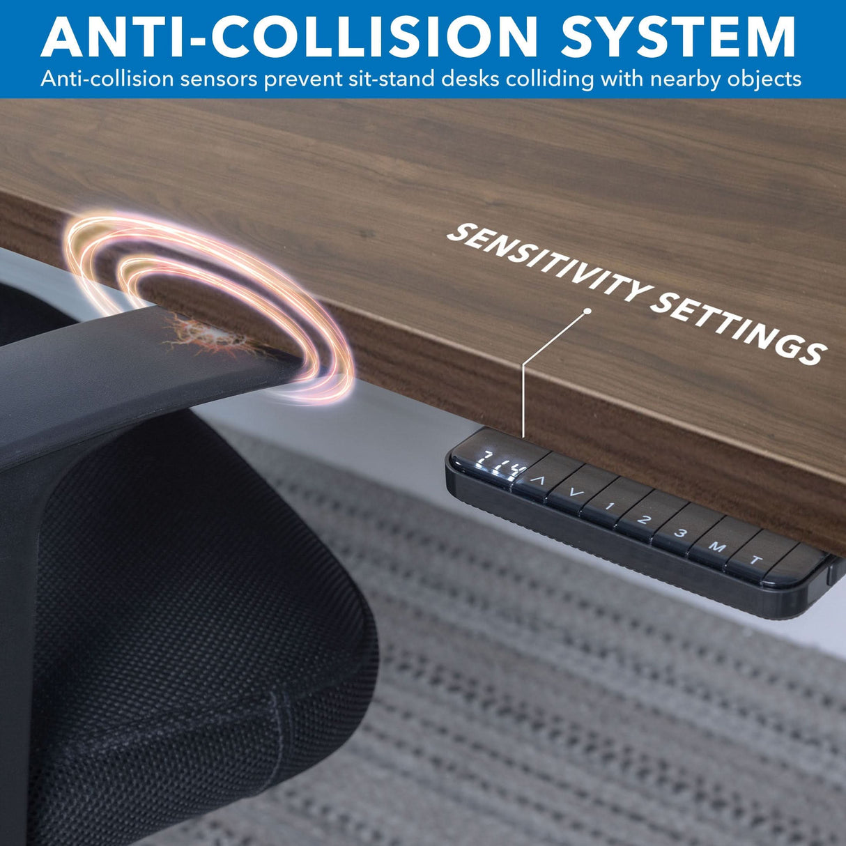 The Mount-It! Ultimate Dual Motor Electric Standing Desk with 55" tabletop features an anti-collision sensor that detects obstacles like chair arms. The control panel displays sensitivity settings for an ergonomic, safe workspace.