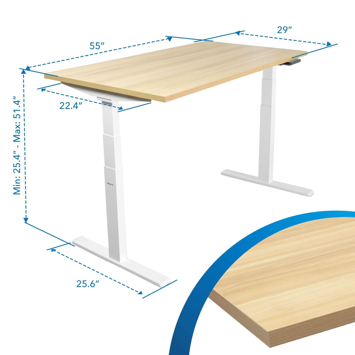 The Mount-It! Ultimate Dual Motor Electric Standing Desk features a 55" light wood tabletop, white legs, and height adjustment from 25.4" to 51.4". The base is 25.6" deep and a close-up shows the ergonomic surface.