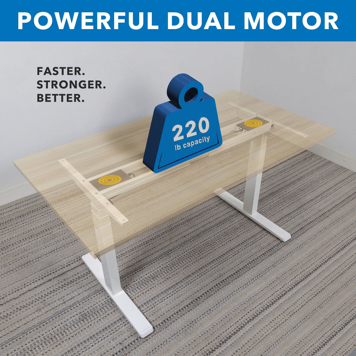 The Mount-It! Ultimate Dual Motor Electric Standing Desk with 55" Tabletop sits on a carpet, supporting a 220 lb weight. Illustration emphasizes powerful dual motors for faster, stronger, and better performance in your ergonomic workspace.