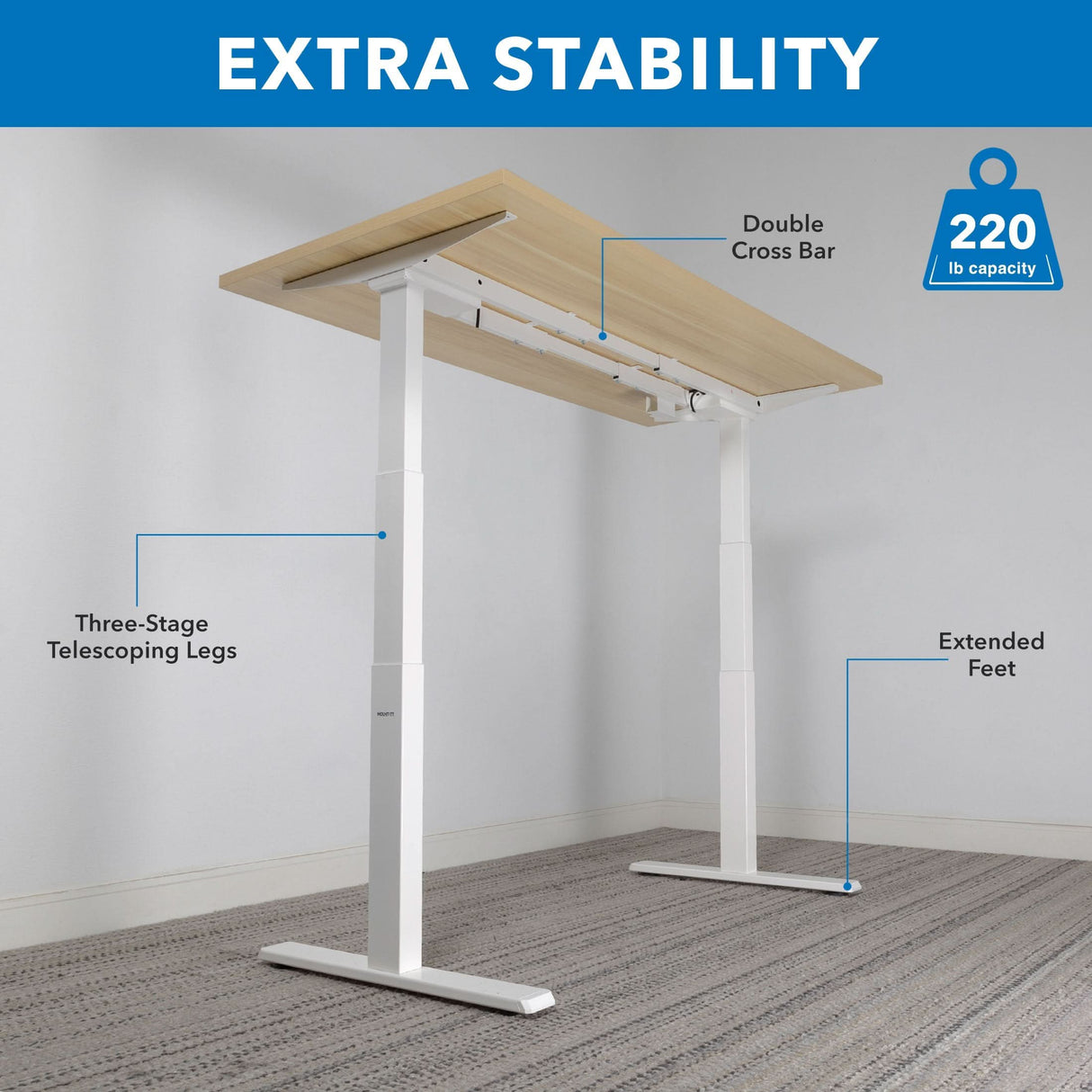 The Mount-It! Ultimate Dual Motor Electric Standing Desk with 55" tabletop features a light wood top, white frame, three-stage telescoping legs, double crossbar, extended feet, and supports 220 lbs. Text: EXTRA STABILITY for an ergonomic workspace.