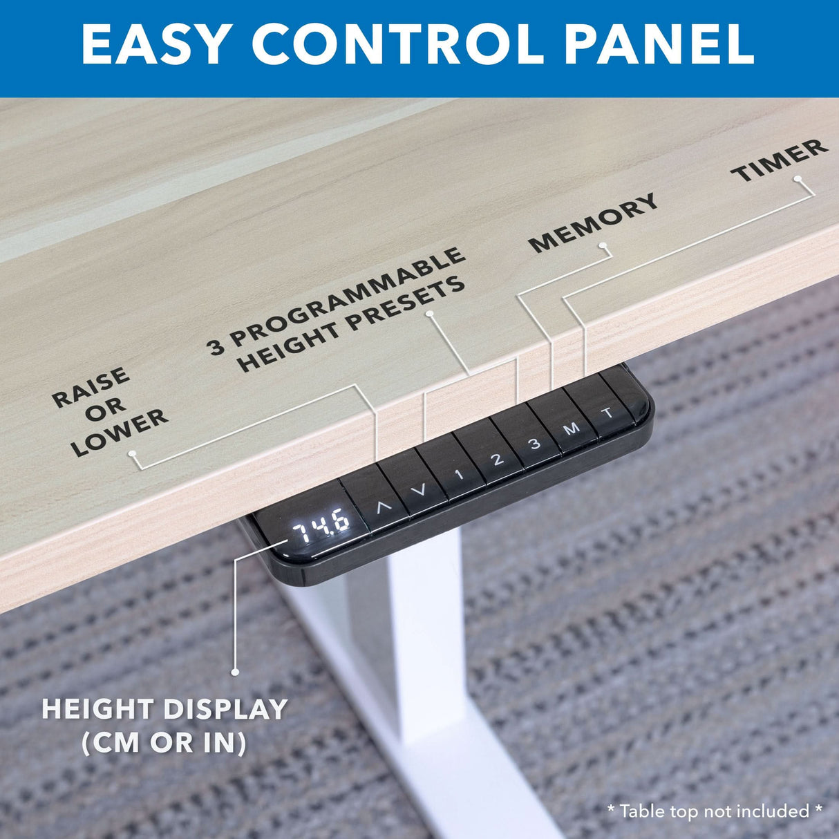 A close-up of the Mount-It! Ultimate Dual Motor Electric Standing Desk with 55" Tabletop shows its control panel with raise/lower buttons, three programmable presets, memory, timer, and a digital height display in cm—ideal for ergonomic workspaces.