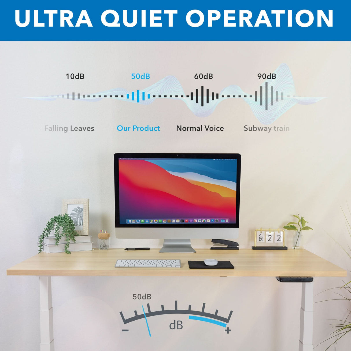 Create a modern ergonomic workspace with the Mount-It! Ultimate Dual Motor Electric Standing Desk with 55" Tabletop—ultra quiet at 50dB (quieter than a normal voice, much quieter than a subway), as shown in the noise level comparison graphic.