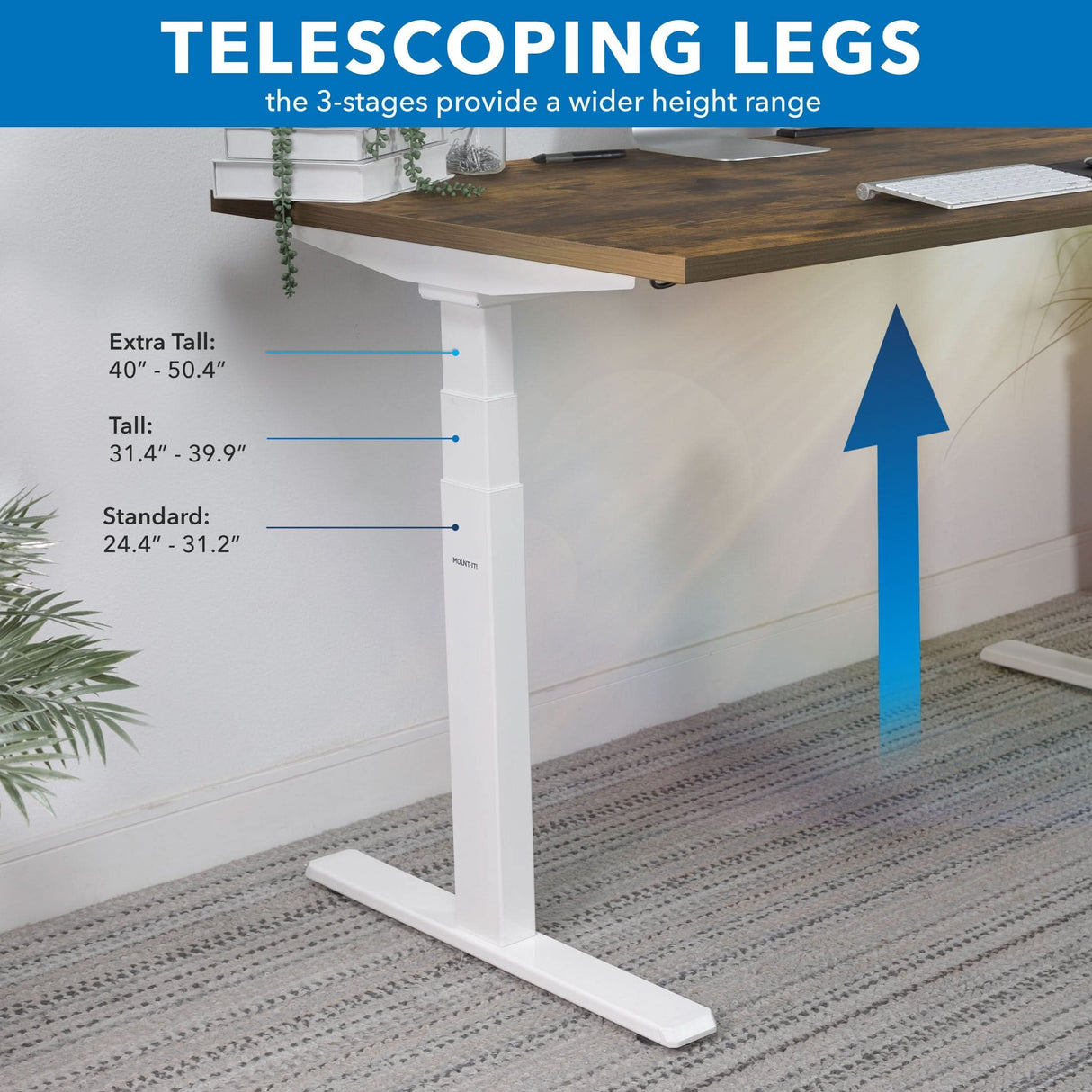 The Mount-It! Ultimate Dual Motor Electric Standing Desk with 55" tabletop is shown in white with telescoping legs and a blue upward arrow, displaying height ranges: Extra Tall (40-50.4"), Tall (31.4-39.9"), and Standard (24.4-31.2").