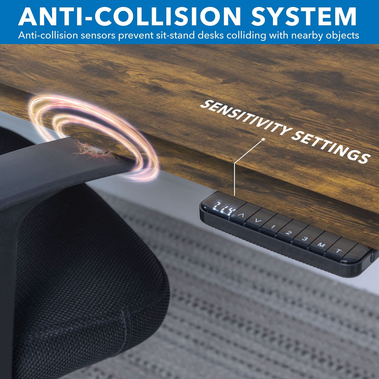 Close-up of Mount-It!’s Ultimate Dual Motor Electric Standing Desk with 55" tabletop: built-in anti-collision sensors detect objects like chair arms, and sensitivity is adjustable via a digital control panel—ideal for ergonomic workspaces.