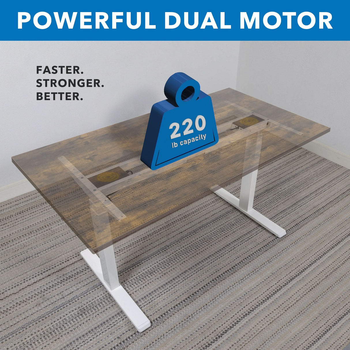 The Mount-It! Ultimate Dual Motor Electric Standing Desk with 55" tabletop features white legs and supports a large blue 220 lb weight. Above, "POWERFUL DUAL MOTOR" and to the left, "FASTER. STRONGER. BETTER." are in bold letters.