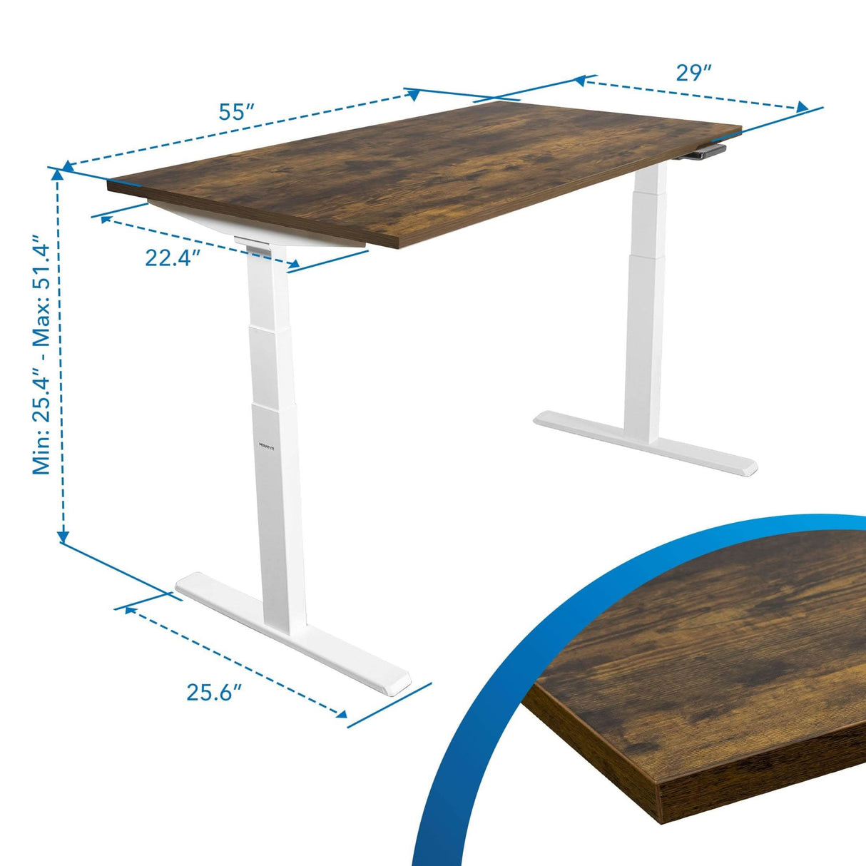The Mount-It! Ultimate Dual Motor Electric Standing Desk features a 55" dark wood tabletop, white legs, height adjustment from 25.4" to 51.4", and a 25.6" leg base—ideal for ergonomic workspaces. Close-up of the tabletop corner is shown.