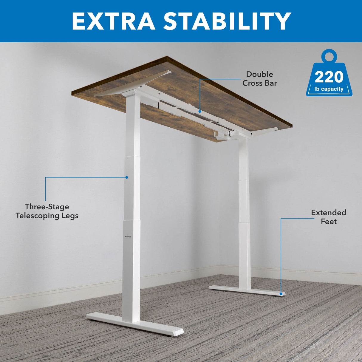 The Mount-It! Ultimate Dual Motor Electric Standing Desk features a 55" wooden tabletop, white three-stage telescoping legs, double crossbar, extended feet, and supports up to 220 lbs for enhanced stability in any ergonomic workspace.