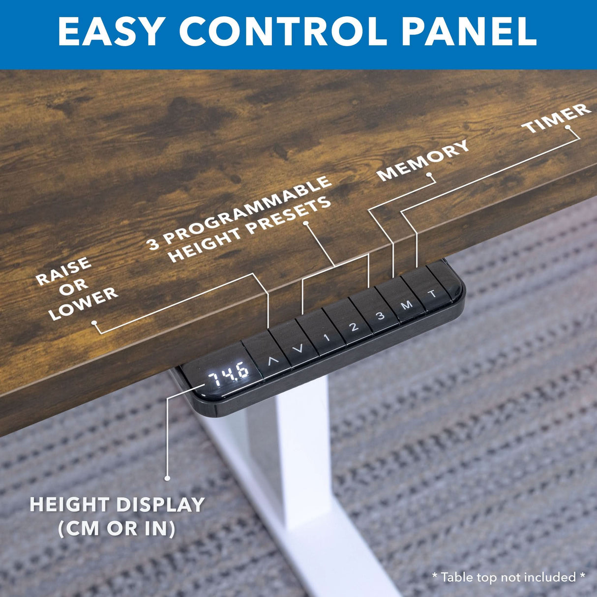 A close-up of the Mount-It! Ultimate Dual Motor Electric Standing Desk’s edge shows its digital control panel with labeled buttons for height, presets, memory, timer, and a display (cm/inch) on the 55" tabletop for ergonomic adjustment.