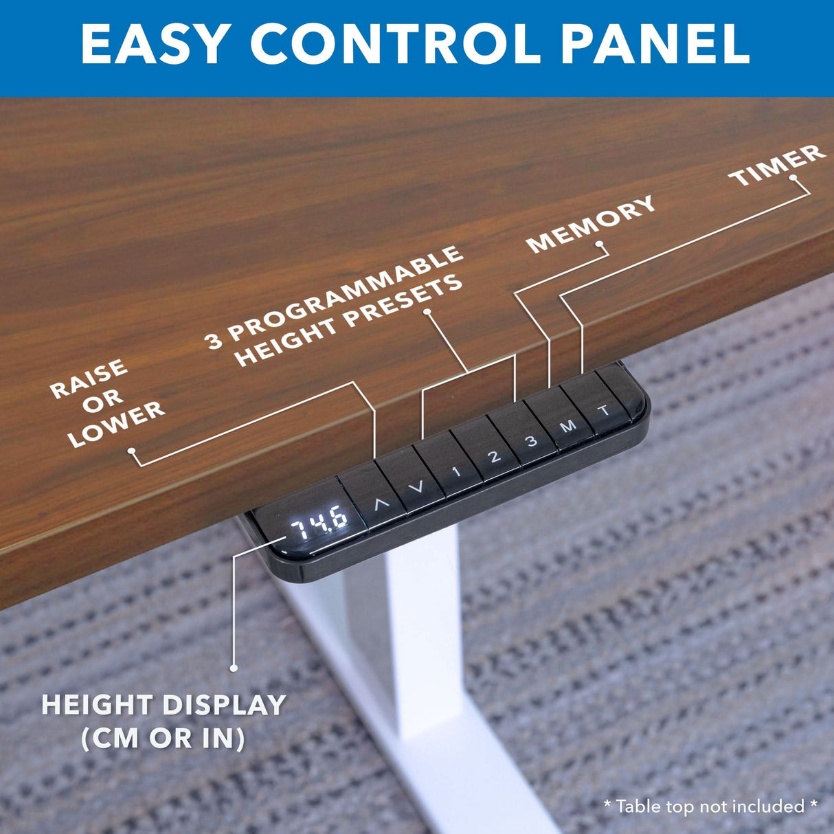 Close-up of the Mount-It! Ultimate Dual Motor Electric Standing Desk control panel, featuring height up/down buttons, 3 programmable presets, memory, timer, and a digital display showing ergonomic heights in cm or inches on a 55" tabletop.