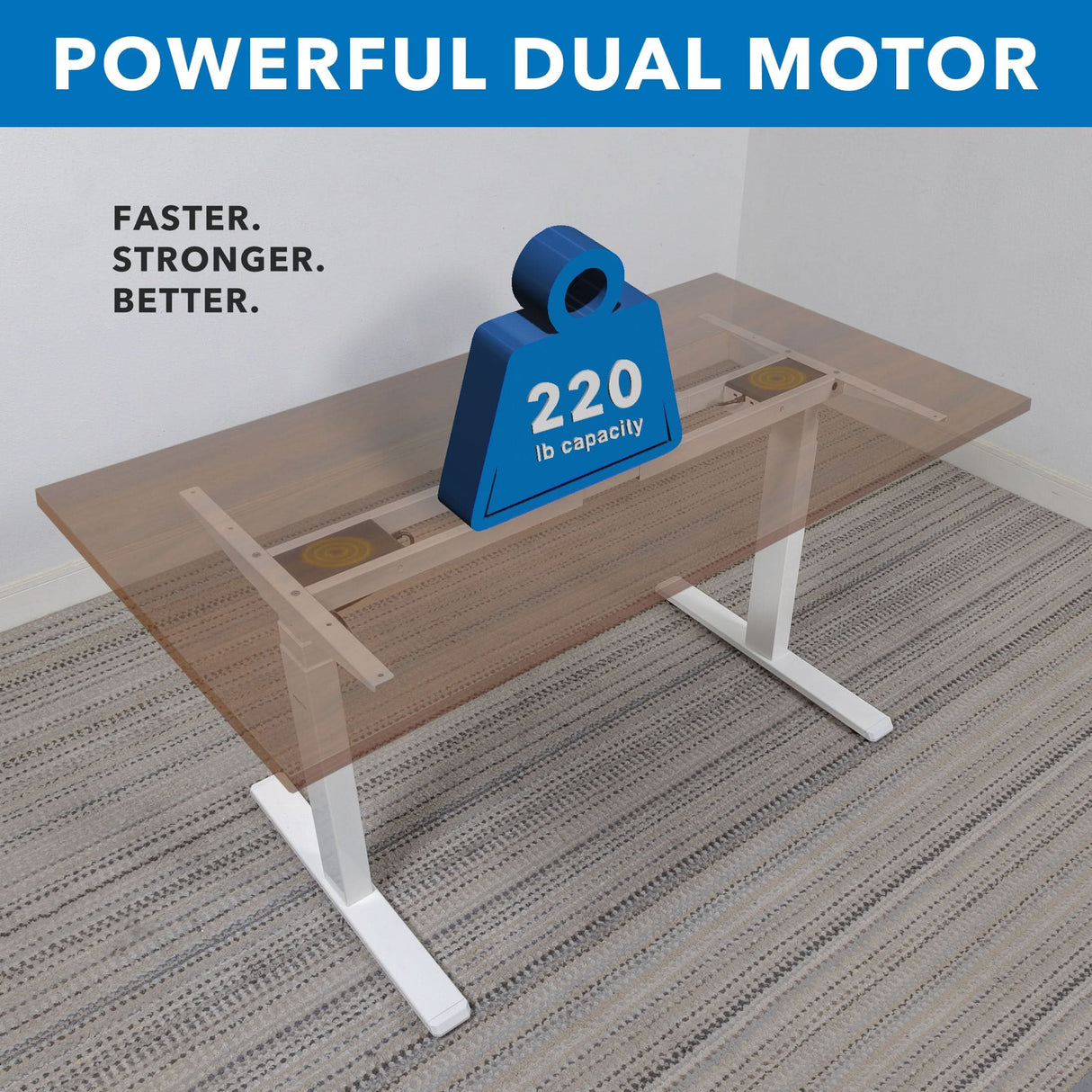 A graphic shows the Mount-It! Ultimate Dual Motor Electric Standing Desk with a 55" tabletop and transparent top, revealing its dual motor. A blue weight labeled 220 lb capacity sits on it. Text reads: POWERFUL DUAL MOTOR. FASTER. STRONGER. BETTER.