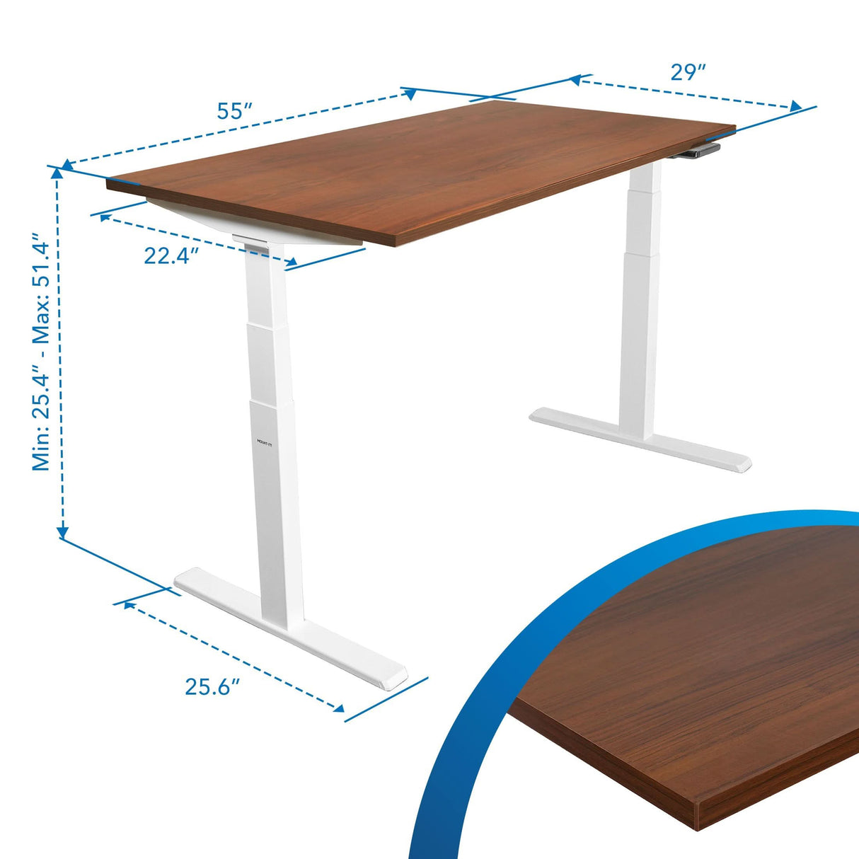 The Mount-It! Ultimate Dual Motor Electric Standing Desk features a 55" tabletop, white legs, height range of 25.4"-51.4", and a brown wood grain finish—ideal for an ergonomic workspace.