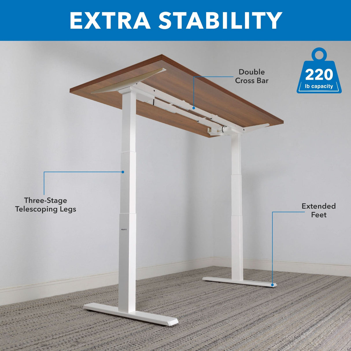 The Mount-It! Ultimate Dual Motor Electric Standing Desk with 55" wooden tabletop and white frame is shown, featuring a double cross bar, three-stage telescoping legs, extended feet, and a blue icon for 220 lb capacity. "Extra Stability" text appears at the top.