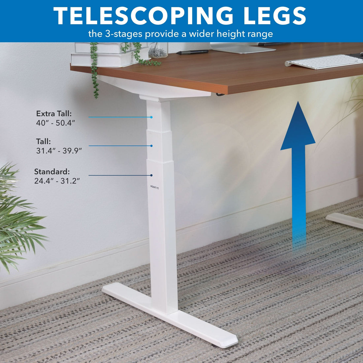 A white telescoping leg supports the Mount-It! Ultimate Dual Motor Electric Standing Desk with 55" Tabletop. Blue arrows show height ranges: Extra Tall (40-50.4"), Tall (31.4-39.9"), Standard (24.4-31.2"). Telescoping legs create ergonomic workspaces.