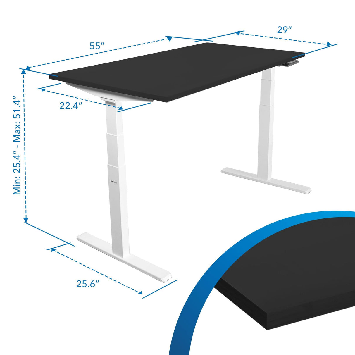 The Mount-It! Ultimate Dual Motor Electric Standing Desk features a 55"x29" black rectangular tabletop with white legs, height adjustment from 25.4"-51.4", 25.6" leg depth, and a 22.4" under-desk gap; closeups highlight the ergonomic workspace surface.
