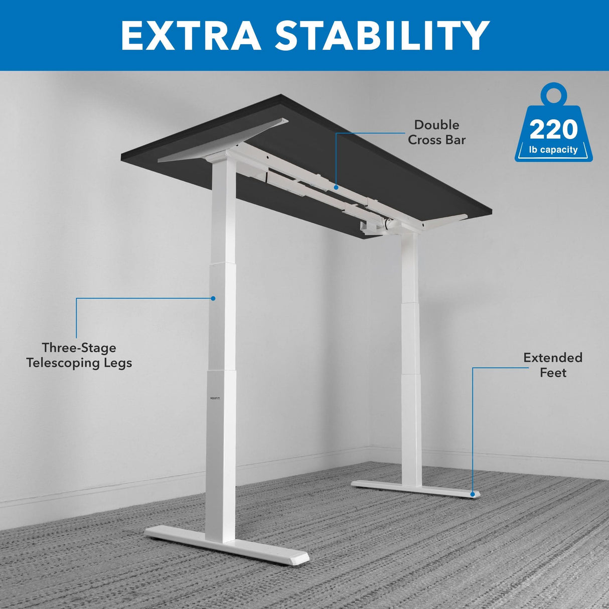 The Mount-It! Ultimate Dual Motor Electric Standing Desk with 55" tabletop features a white frame, double cross bar, three-stage telescoping legs, extended feet for extra stability, and a blue icon noting its ergonomic 220 lb capacity.