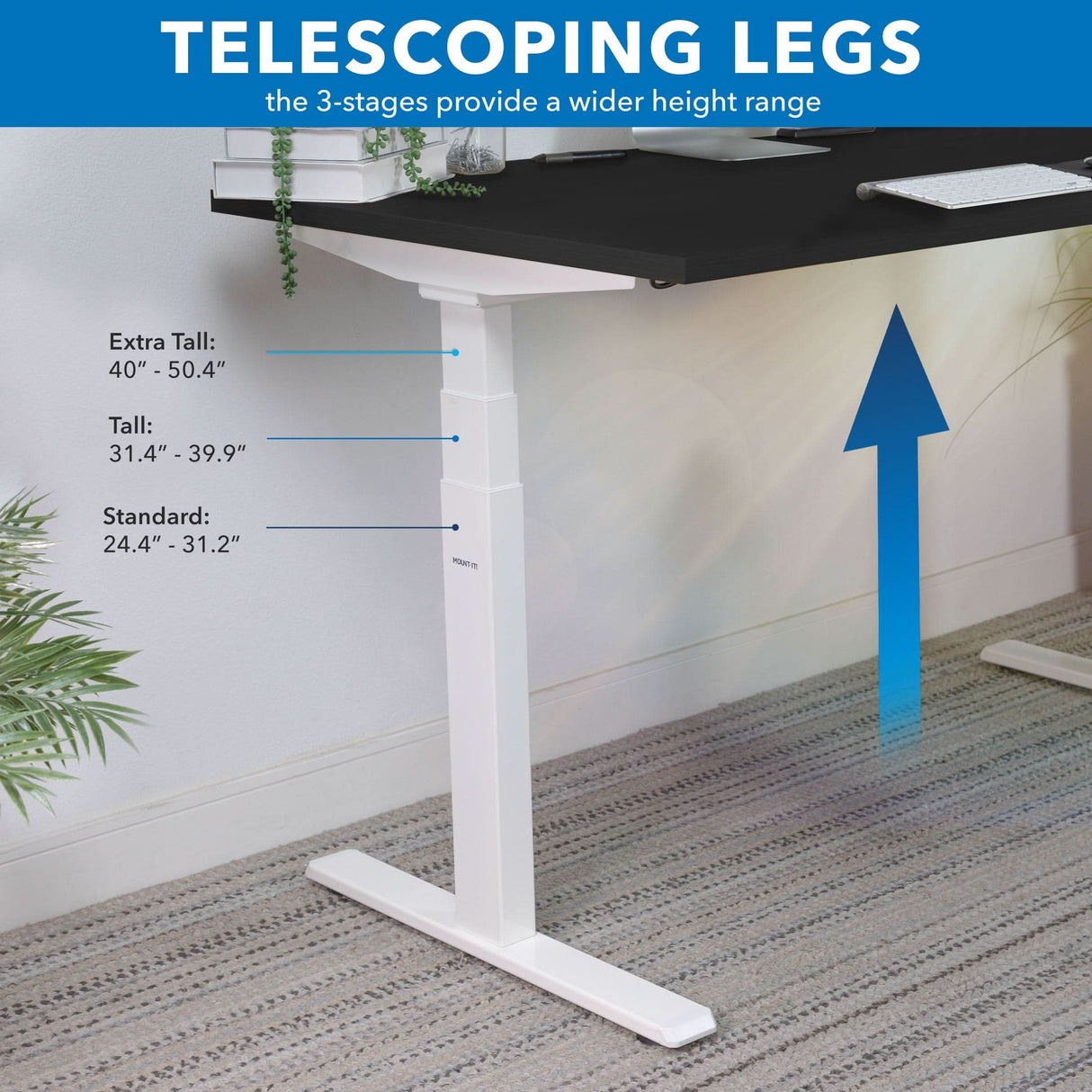 The Mount-It! Ultimate Dual Motor Electric Standing Desk with 55" tabletop is shown in white, featuring telescoping legs and height ranges: Extra Tall (40-50.4"), Tall (31.4-39.9"), Standard (24.4-31.2"). A blue arrow points up beside this ergonomic desk.