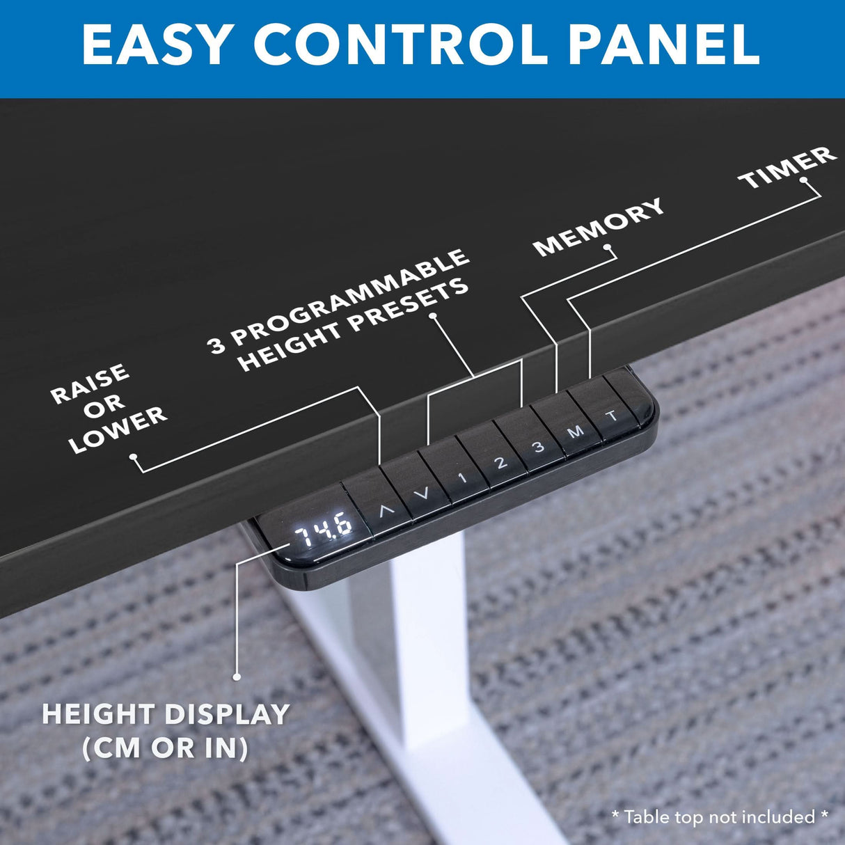 Close-up of the Mount-It! Ultimate Dual Motor Electric Standing Desk control panel with height adjustment buttons, 3 memory presets, timer, and a digital display in cm/in. Perfect ergonomic addition—55" tabletop included.
